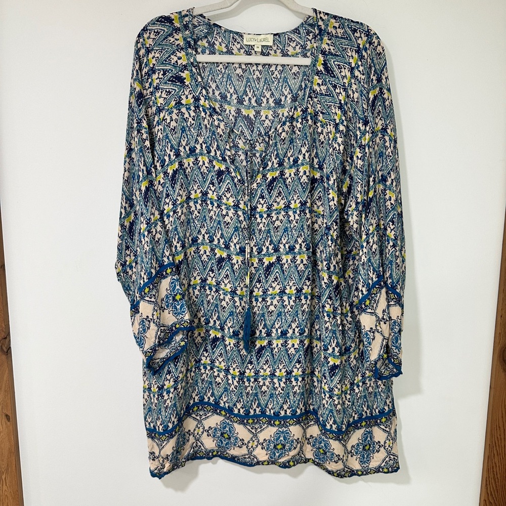 Lucy & Laurel Womens Tunic Top 3X Geometric Tassel Boho Blue Plus Size